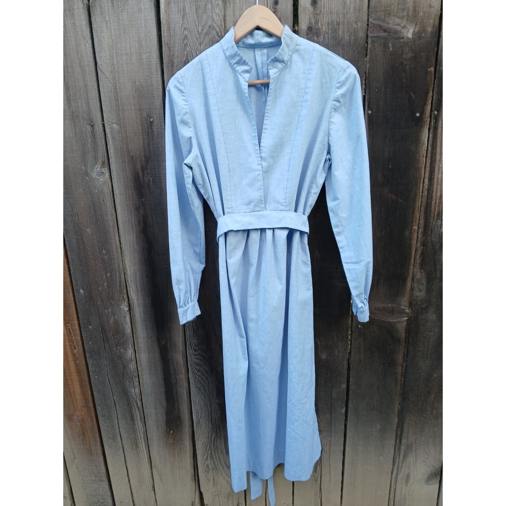 Vintage Handmade Chambray Maxi Dress Light Blue Cotton Linen Modest Prairie M/L